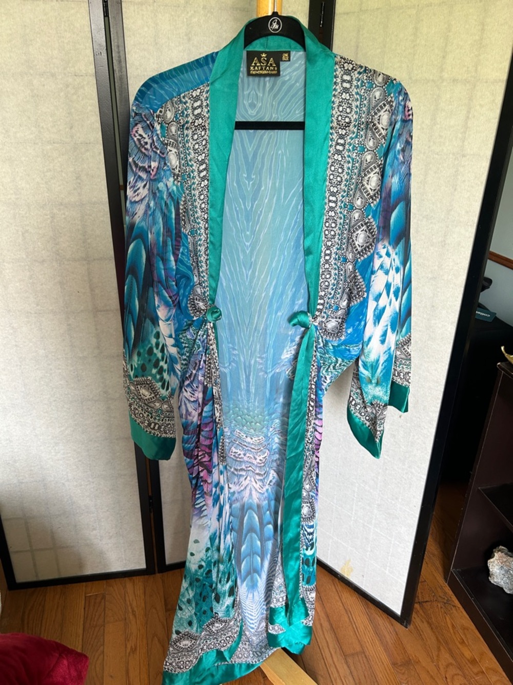 Teal & Turquoise Printed Silk Robe